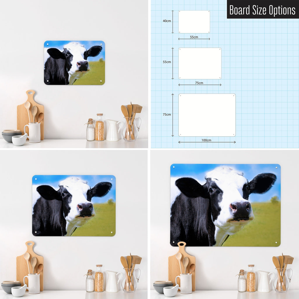 Friesian Cow magnetic notice board shown in small, medium and large, with the measurements of each