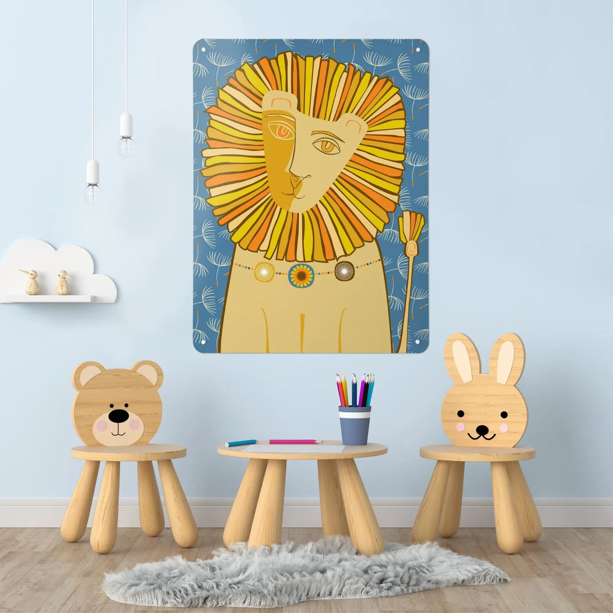 A Dandy Lion board above a child's table and animal chairs