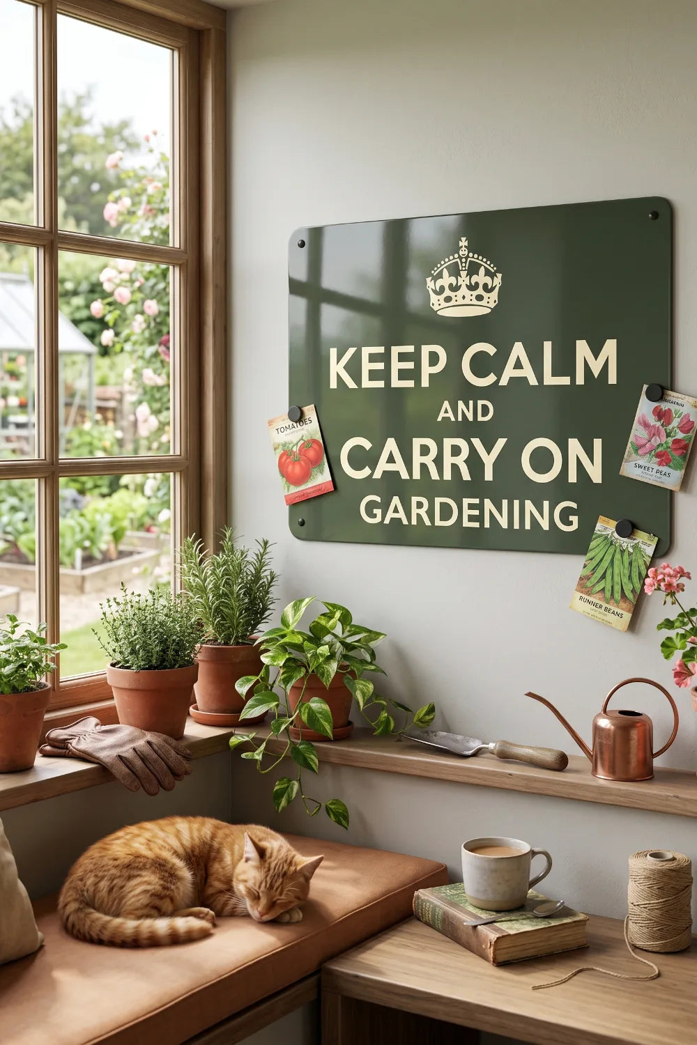 A green Keep Calm and Carry On Gardening board above a window seat