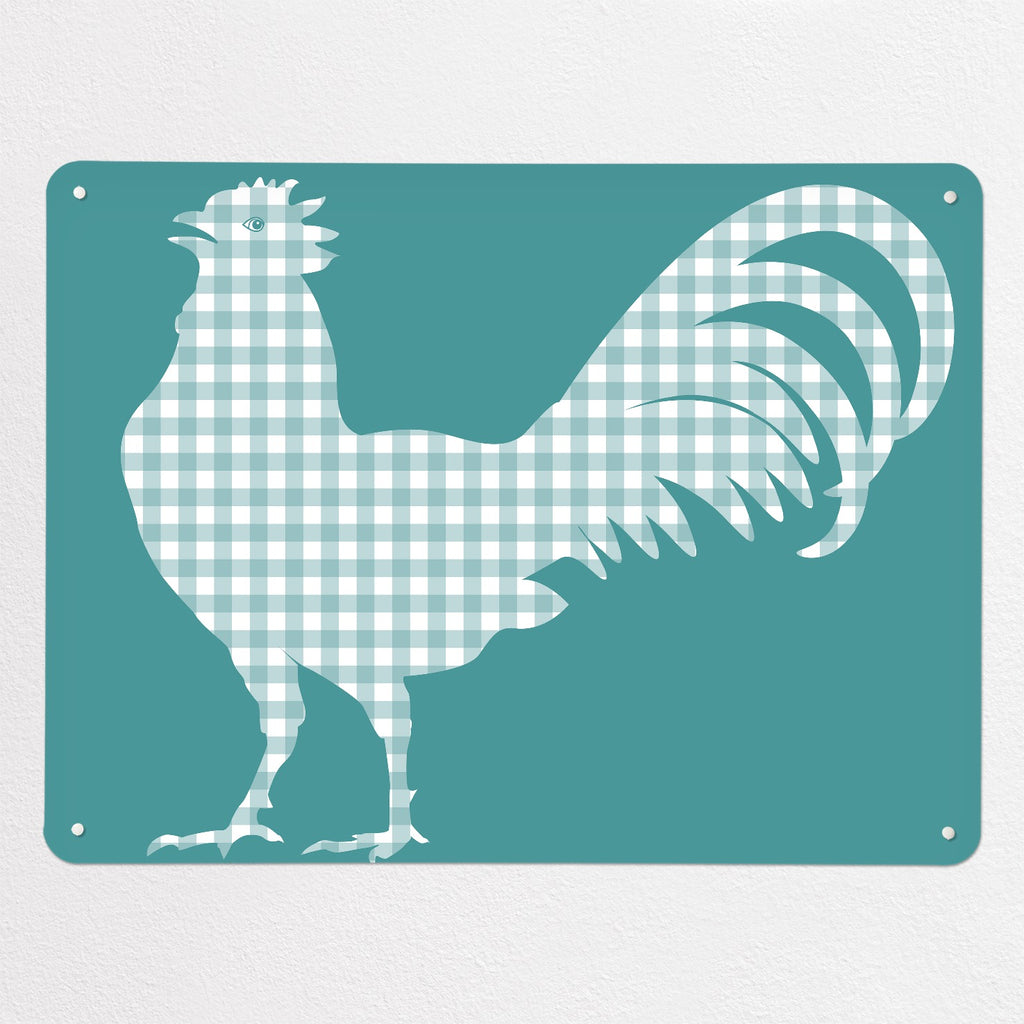 Gingham Cockerel magnetic notice board in blue, large size, 100 × 75 cm
