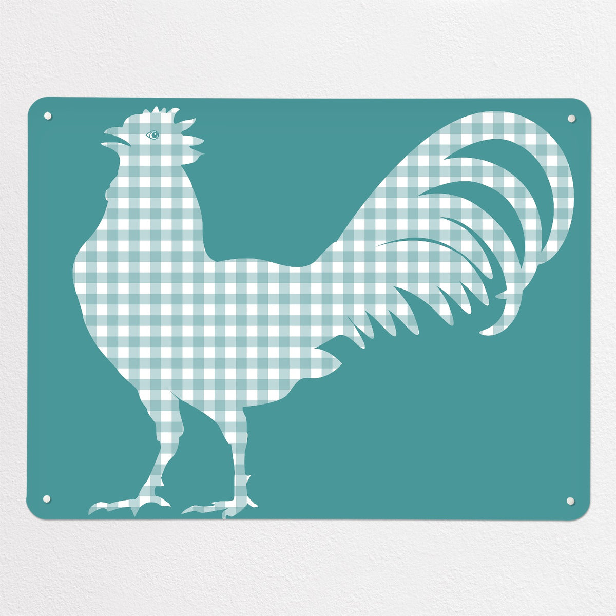 Gingham Cockerel magnetic notice board in blue, large size, 100 × 75 cm