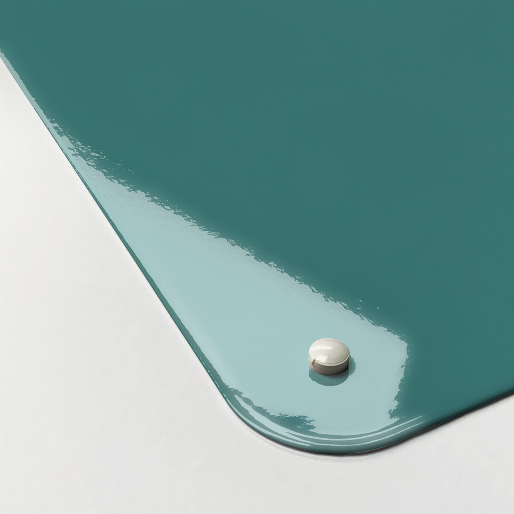Close-up of the corner of the Gingham Cockerel magnetic notice board in blue, showing the gloss finish and a screw cap