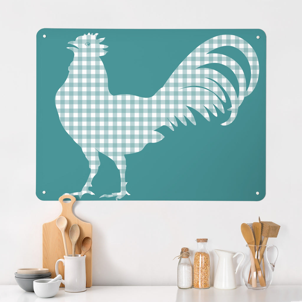Gingham Cockerel magnetic notice board in blue on a kitchen wall