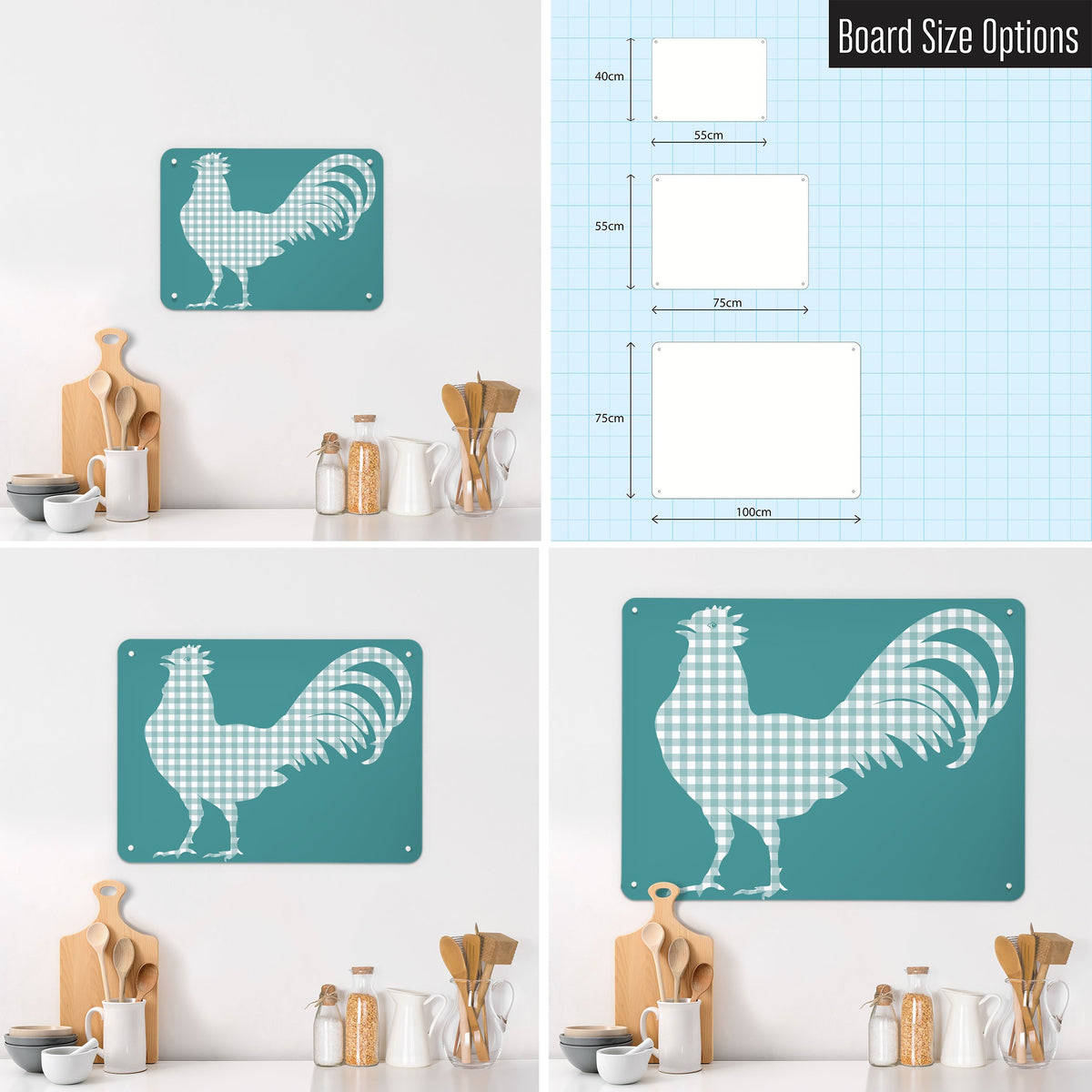 Gingham Cockerel magnetic notice board in blue shown in small, medium and large, with the measurements of each