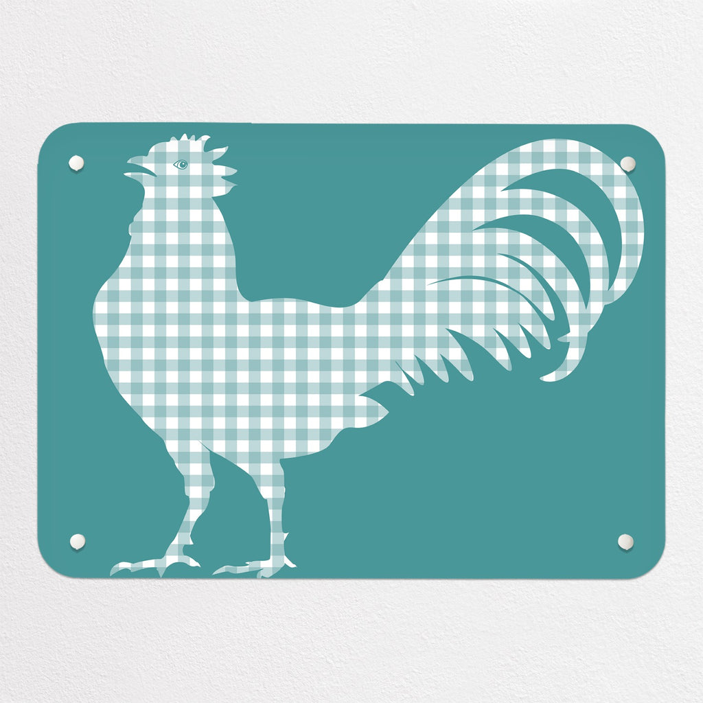 Gingham Cockerel magnetic notice board in blue, small size, 55 × 40 cm