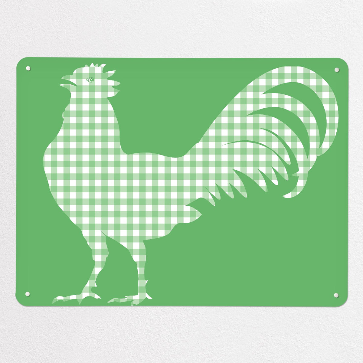 Gingham Cockerel magnetic notice board in green, large size, 100 × 75 cm