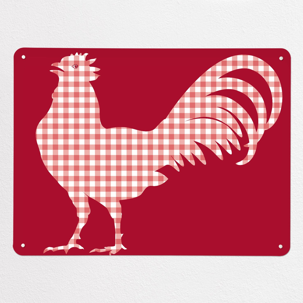 Gingham Cockerel magnetic notice board in red, large size, 100 × 75 cm