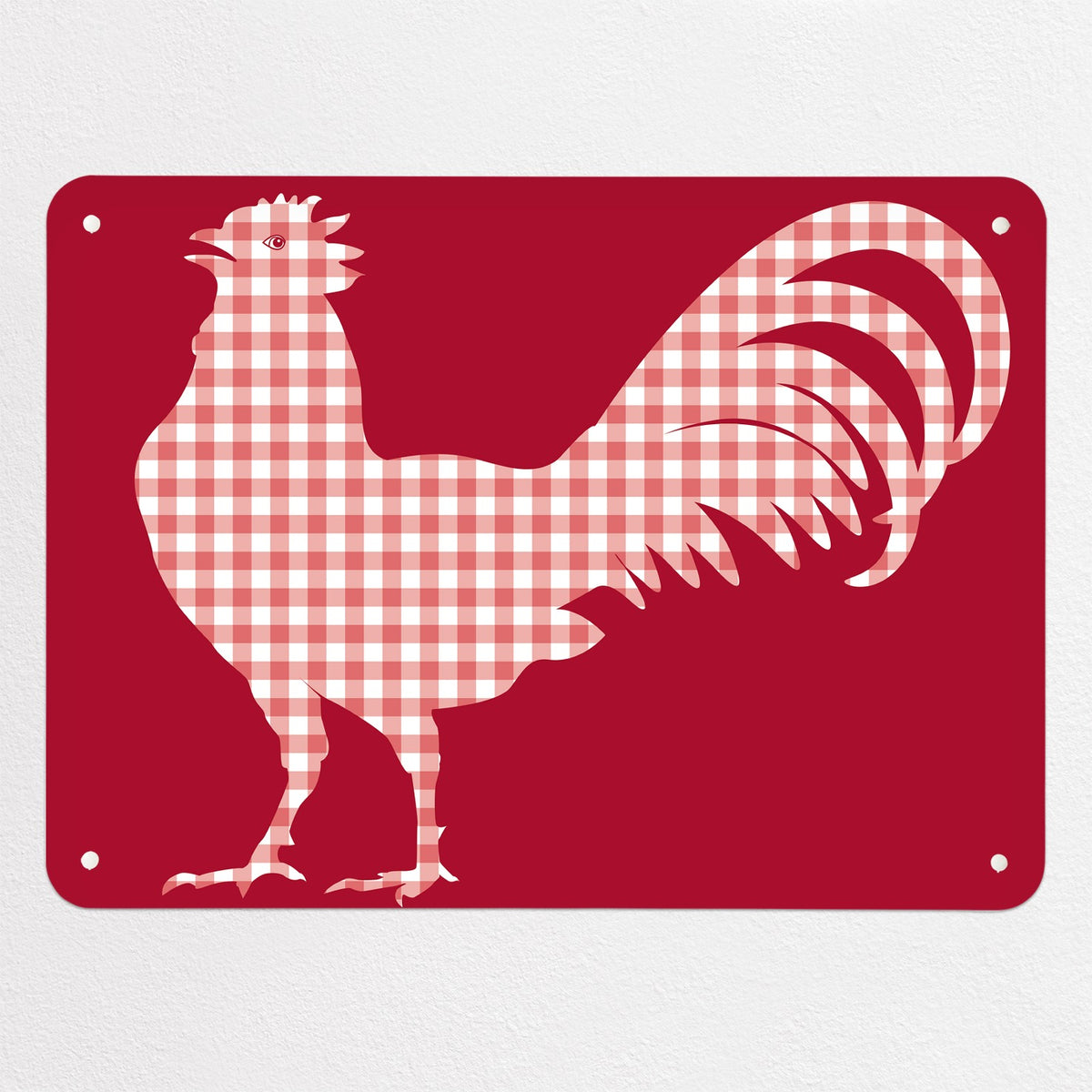 Gingham Cockerel magnetic notice board in red, medium size, 75 × 55 cm
