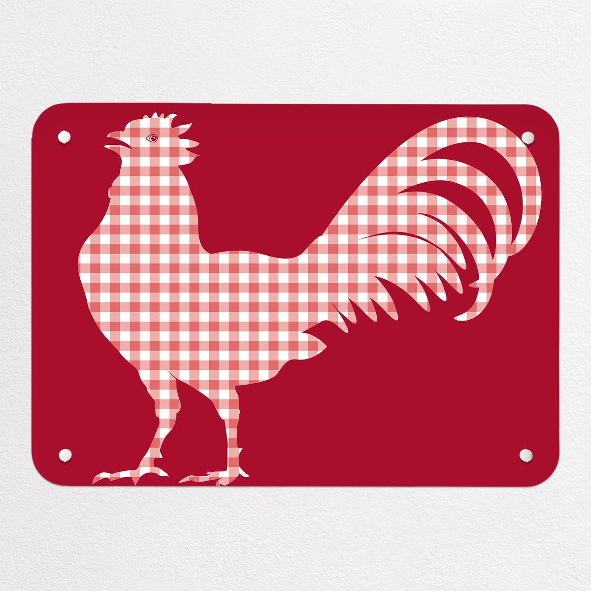 Gingham Cockerel magnetic notice board in red, small size, 55 × 40 cm
