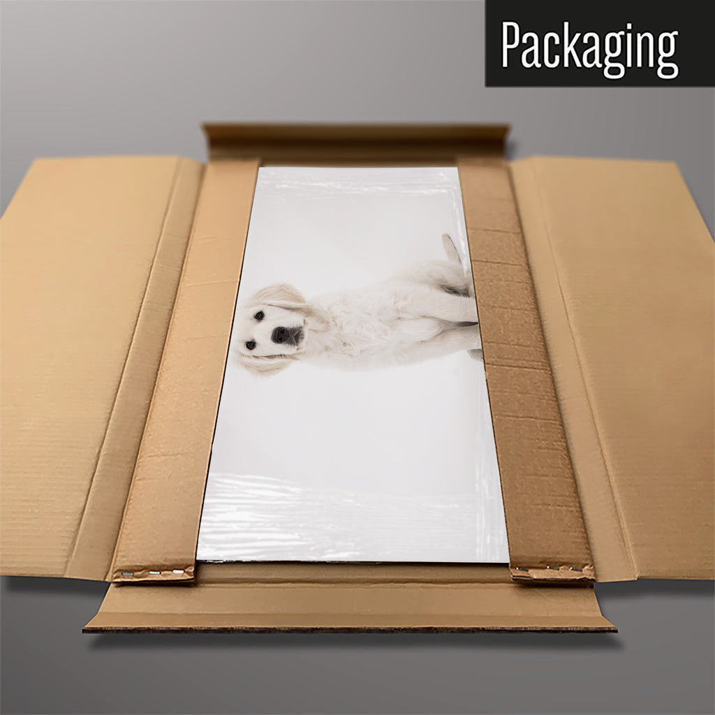 The Golden Retriever Puppy magnetic notice board packed flat in its cardboard box