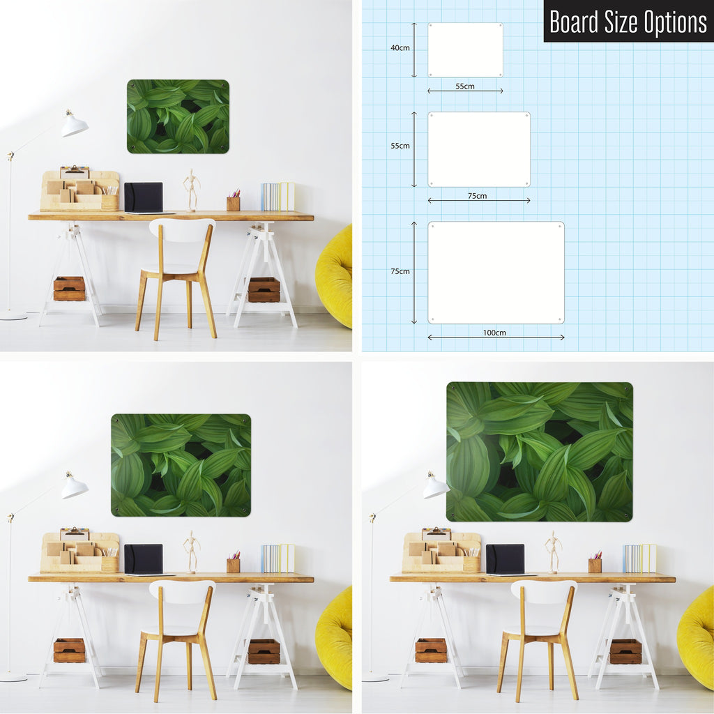 Green Leaves magnetic notice board shown in small, medium and large, with the measurements of each