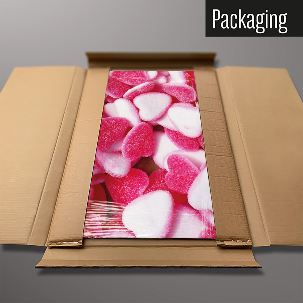 The Heart Sweets magnetic notice board in Heart Sweets packed flat in its cardboard box