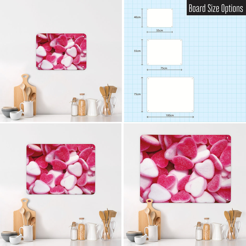 Heart Sweets magnetic notice board in Heart Sweets shown in small, medium and large, with the measurements of each
