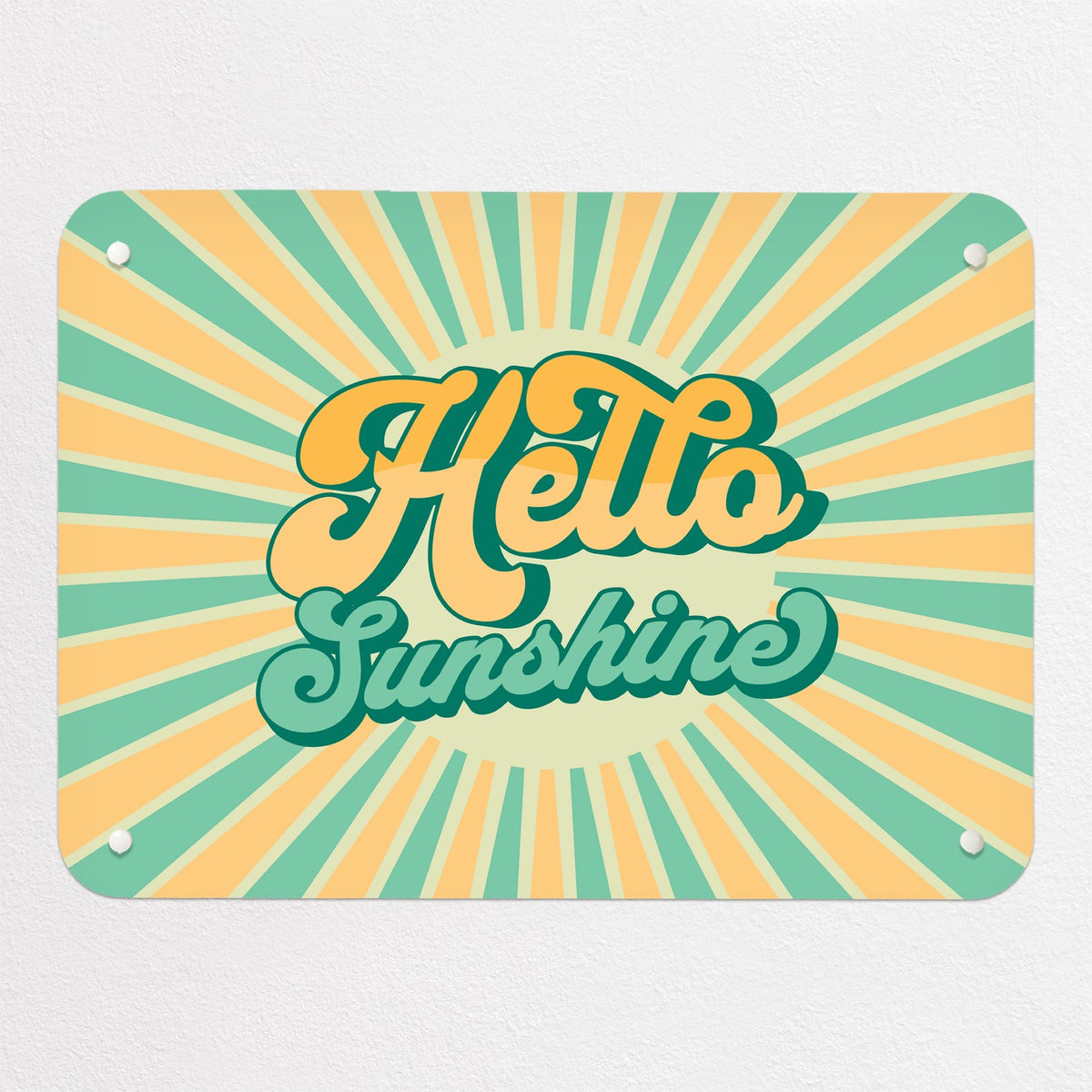 Hello Sunshine Quote magnetic notice board in Aqua and Yellow, small size, 55 × 40 cm