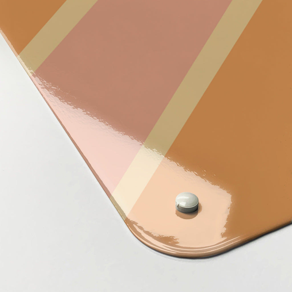 Close-up of the corner of the Hello Sunshine Quote magnetic notice board in Pink and Orange, showing the gloss finish and a screw cap