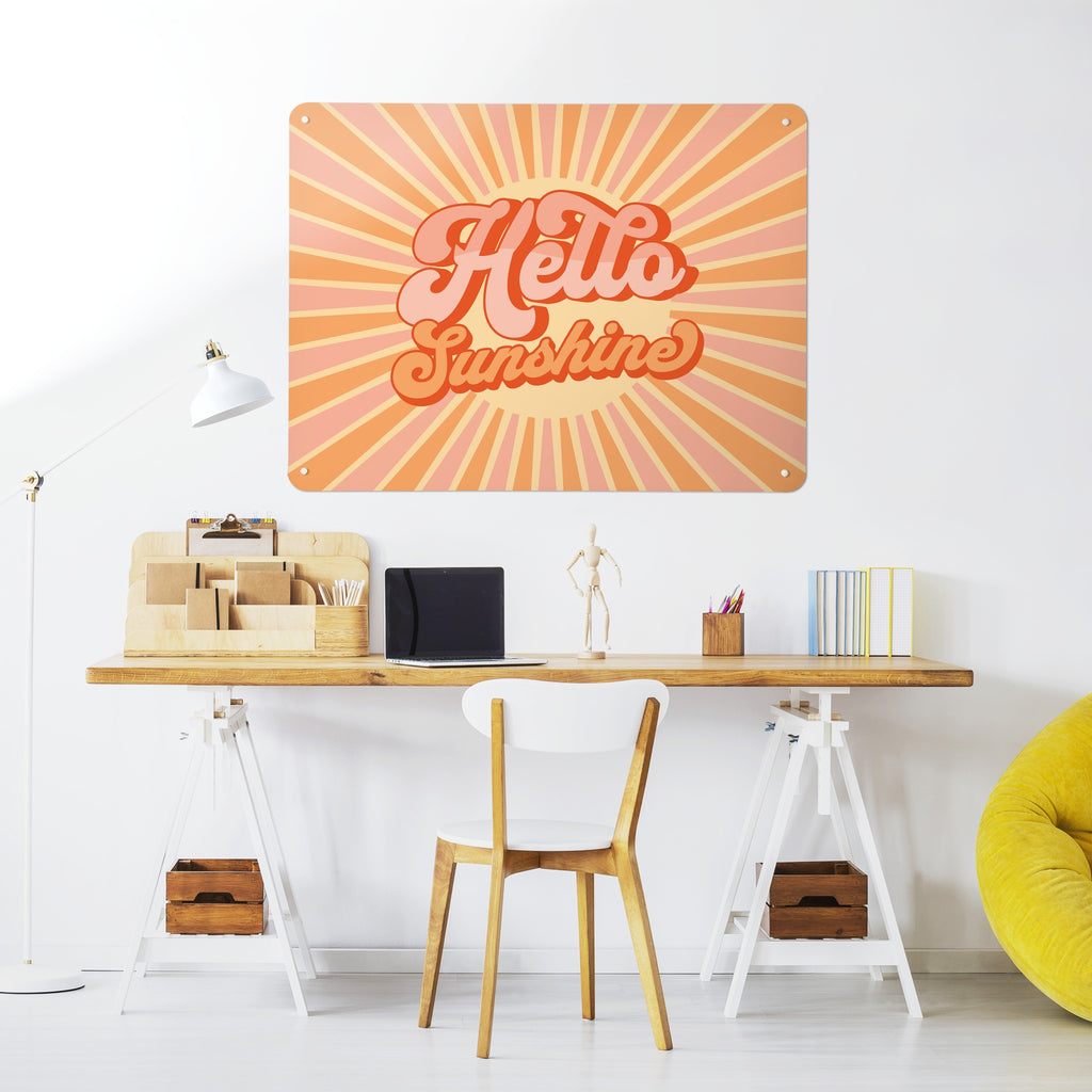 Hello Sunshine Quote magnetic notice board in Pink and Orange above a desk in a home office