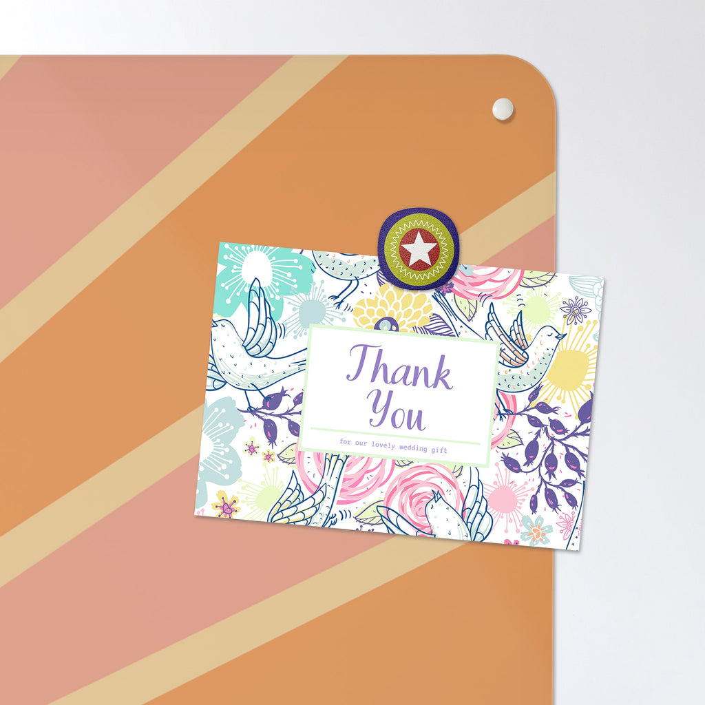 A postcard held by a fridge magnet on the Hello Sunshine Quote magnetic notice board in Pink and Orange