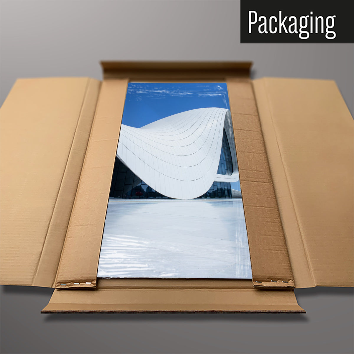 The Heydar Aliyev Centre magnetic notice board packed flat in its cardboard box