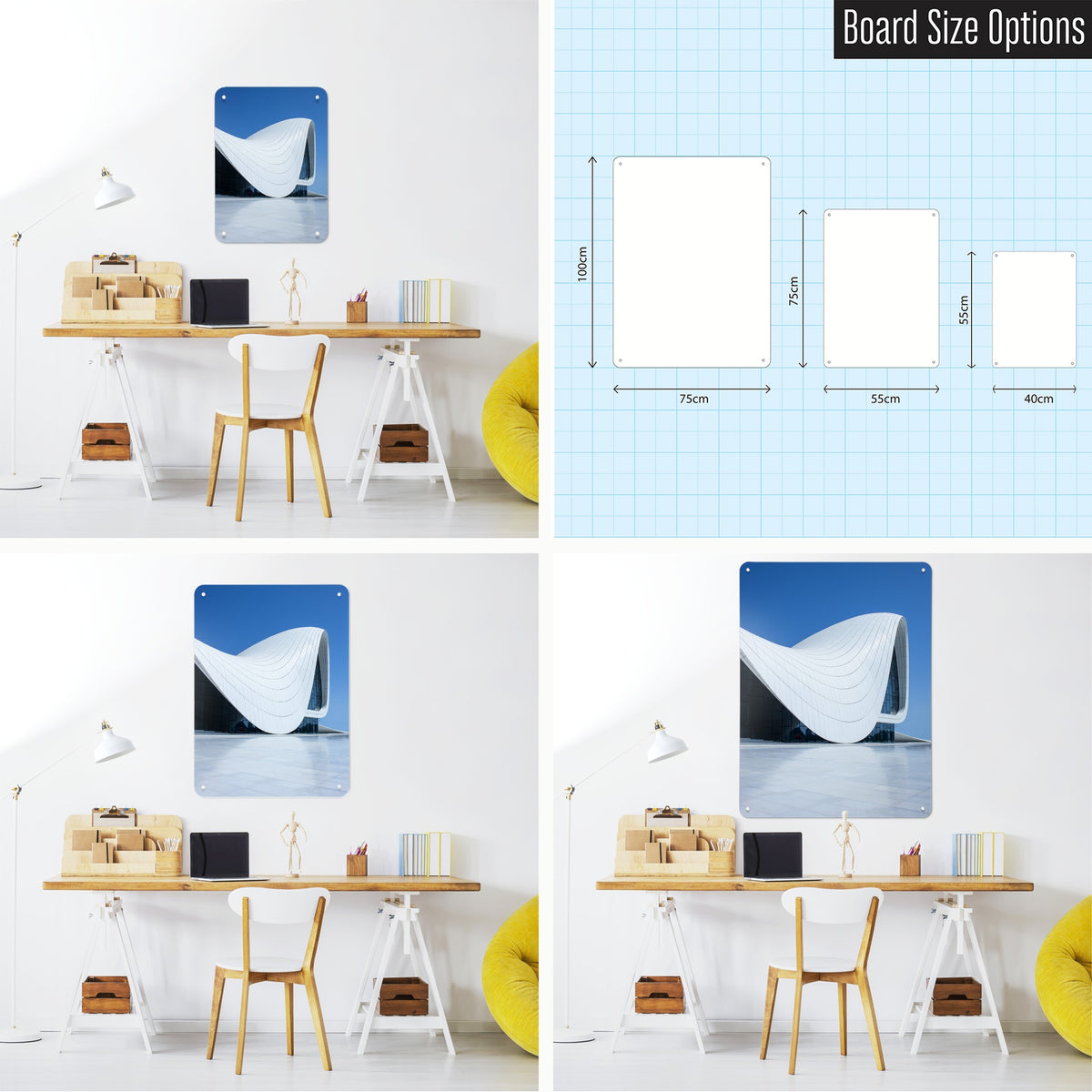 Heydar Aliyev Centre magnetic notice board shown in small, medium and large, with the measurements of each
