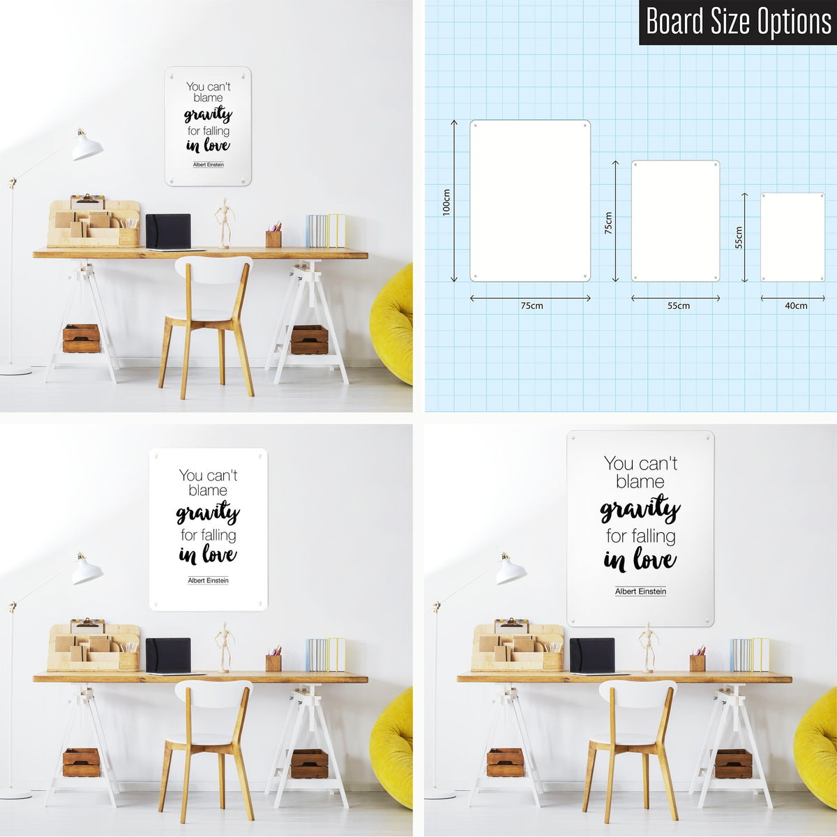 Inspirational Quote Albert Einstein magnetic notice board in White shown in small, medium and large, with the measurements of each