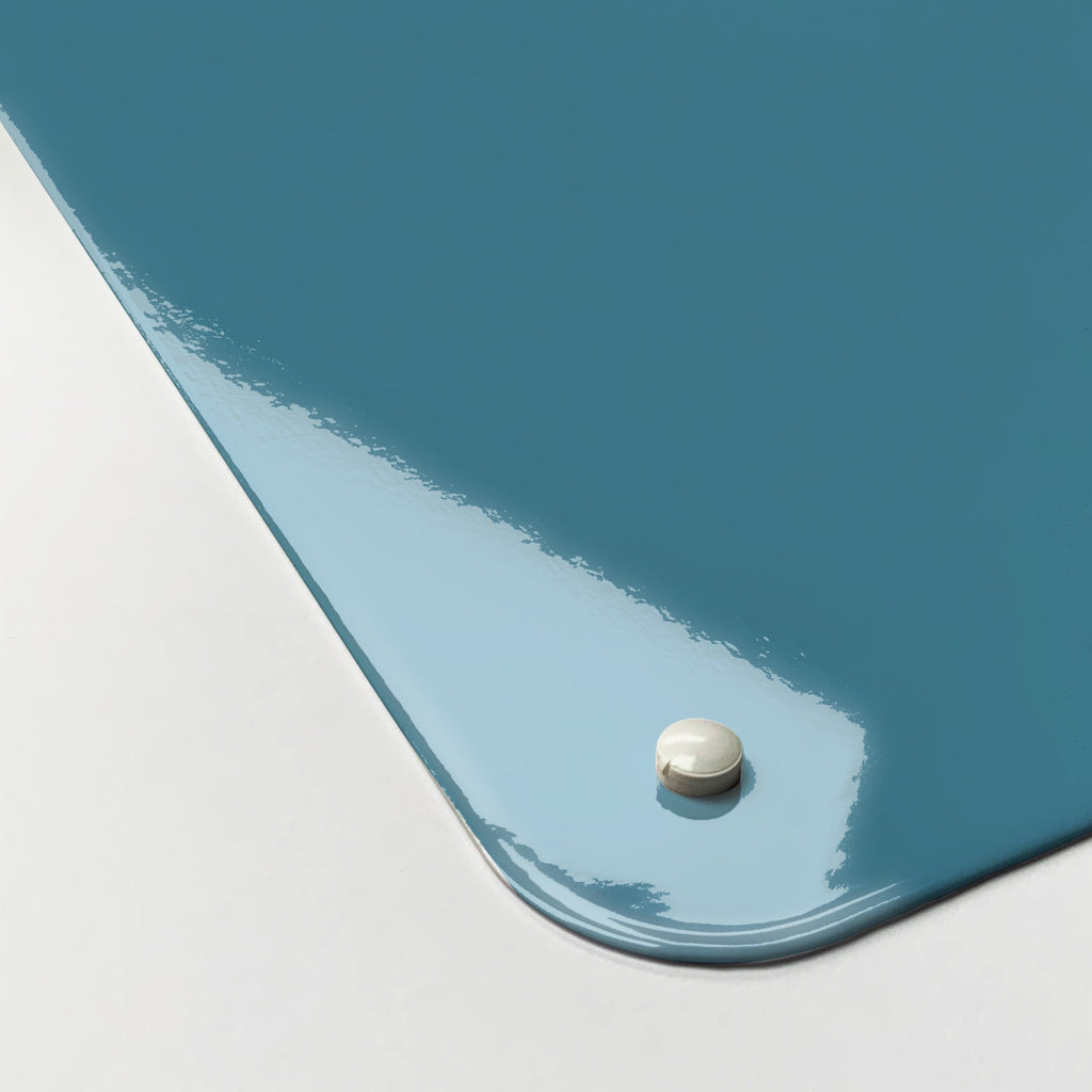 Close-up of the corner of the Inspirational Quote Lao Tzu magnetic notice board in Blue, showing the gloss finish and a screw cap