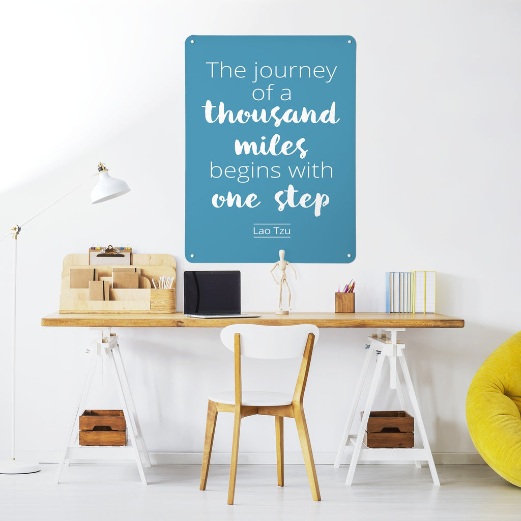Inspirational Quote Lao Tzu magnetic notice board in Blue above a desk in a home office