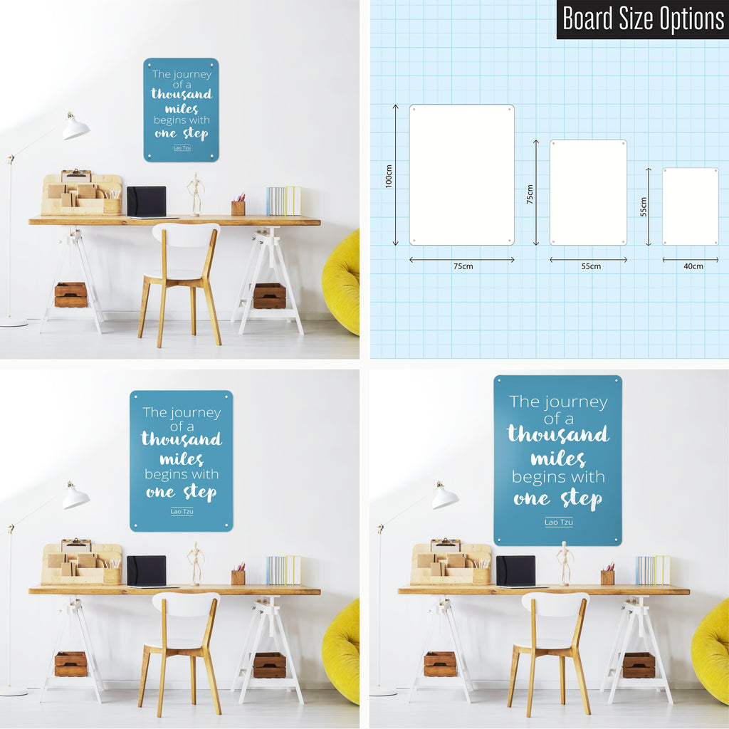 Inspirational Quote Lao Tzu magnetic notice board in Blue shown in small, medium and large, with the measurements of each