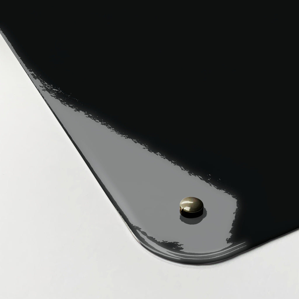 Close-up of the corner of the Inspirational Quote Pablo Picasso magnetic notice board in Dark Blue, showing the gloss finish and a screw cap