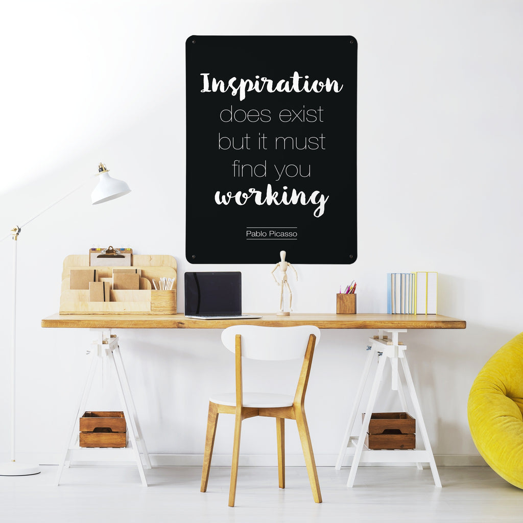Inspirational Quote Pablo Picasso magnetic notice board in Dark Blue above a desk in a home office