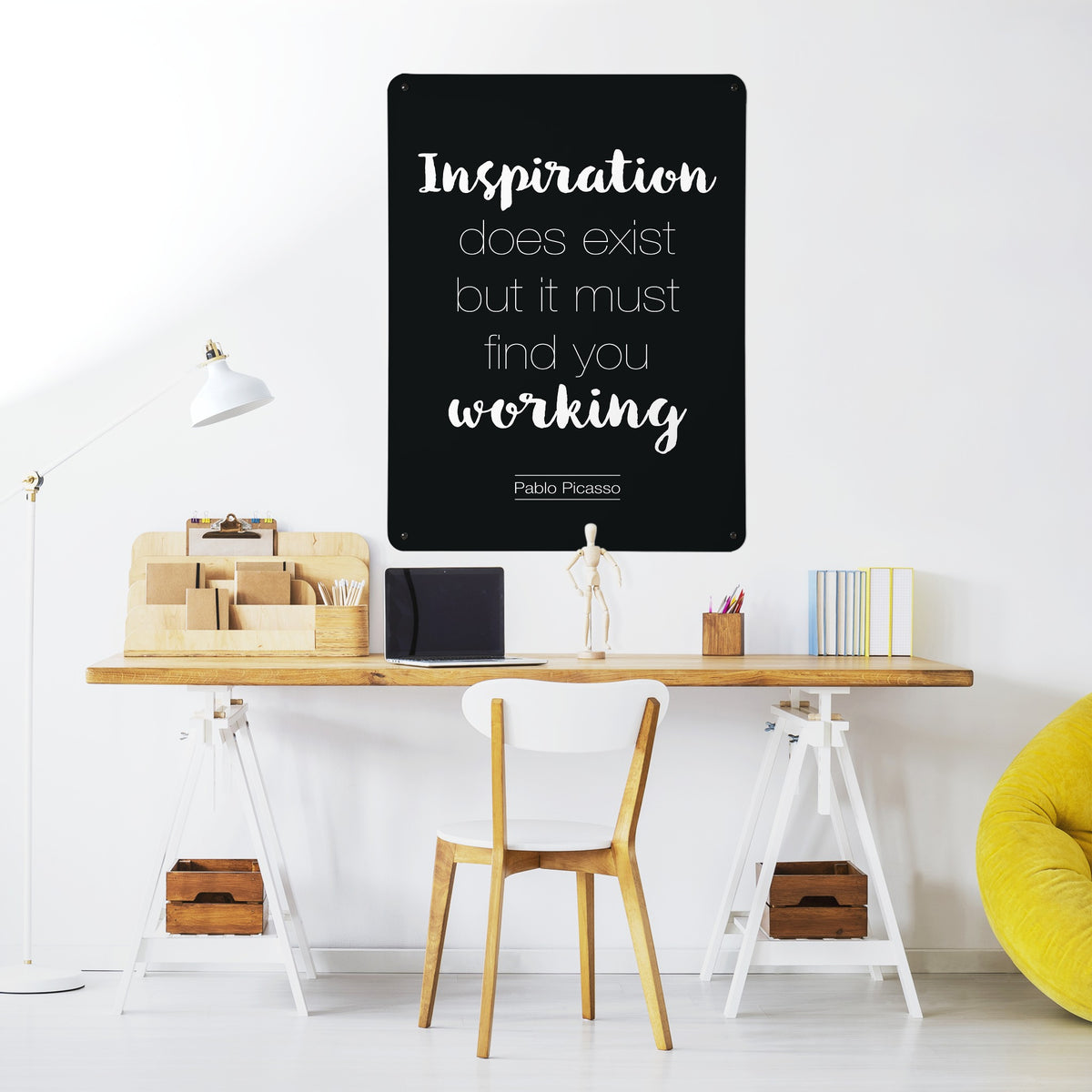 Inspirational Quote Pablo Picasso magnetic notice board in Dark Blue above a desk in a home office