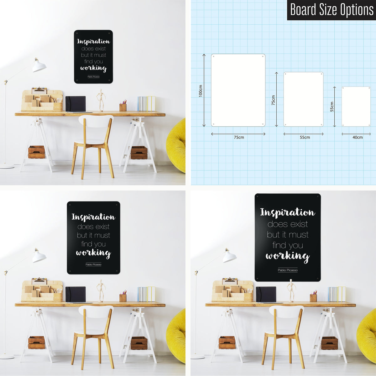 Inspirational Quote Pablo Picasso magnetic notice board in Dark Blue shown in small, medium and large, with the measurements of each