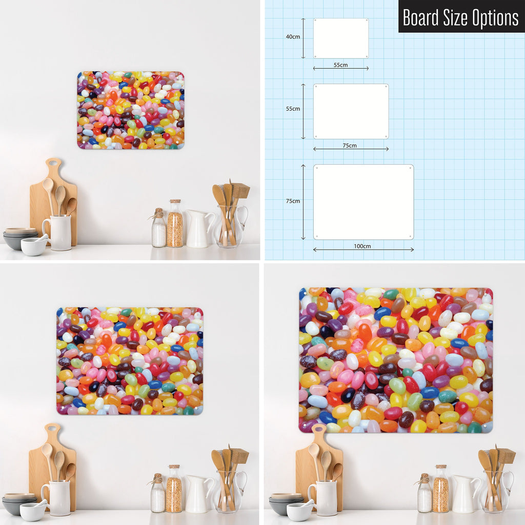 Jelly Beans magnetic notice board in Jelly Beans shown in small, medium and large, with the measurements of each