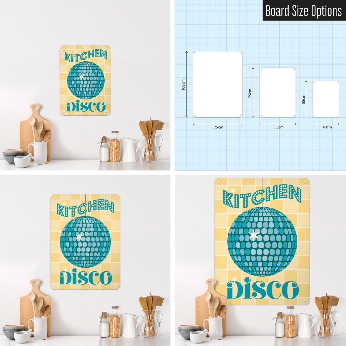 Kitchen Disco magnetic notice board in Teal shown in small, medium and large, with the measurements of each
