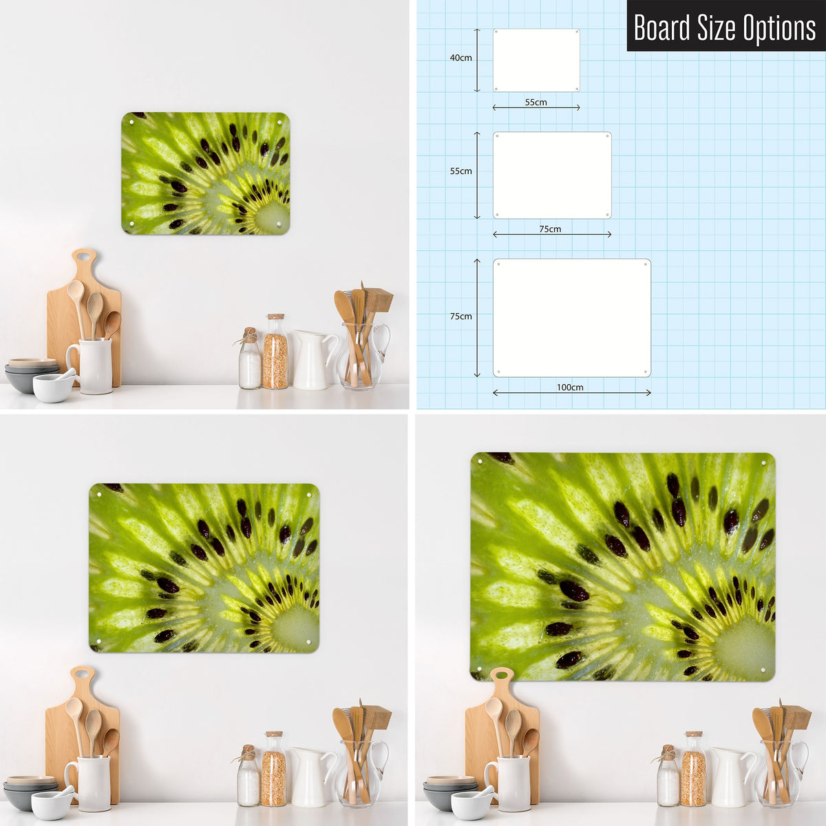 Kiwi magnetic notice board shown in small, medium and large, with the measurements of each