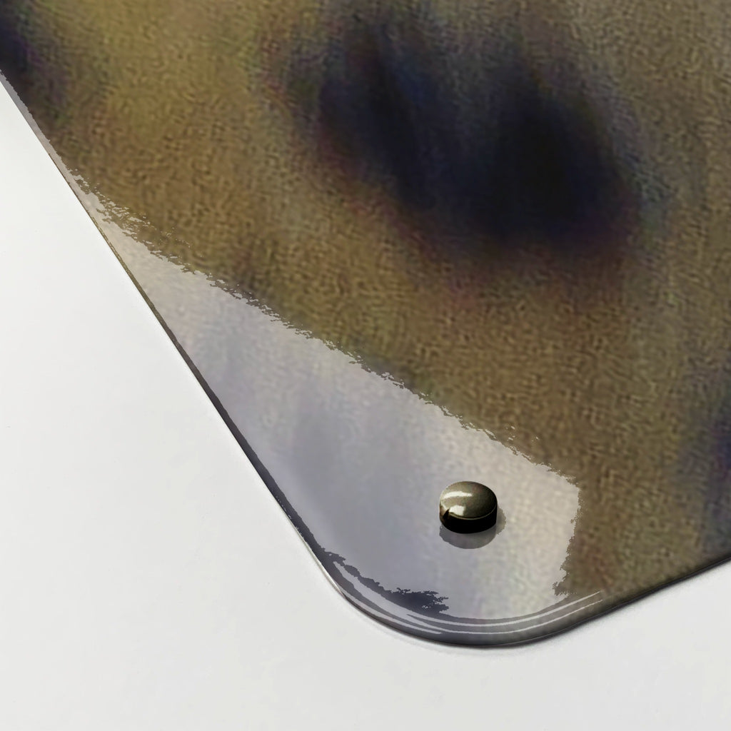 Close-up of the corner of the Leopard Face magnetic notice board, showing the gloss finish and a screw cap