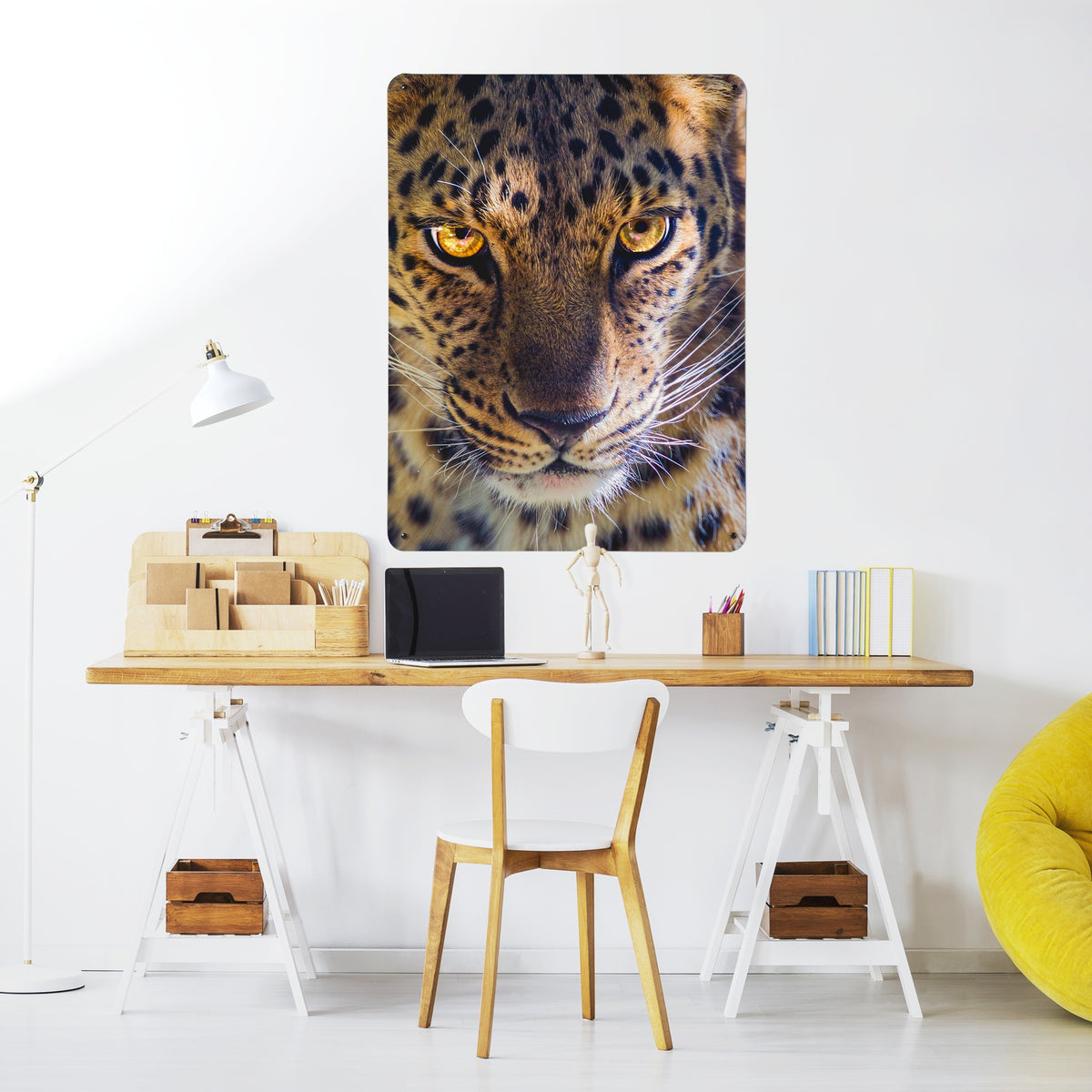Leopard Face magnetic notice board above a desk in a home office