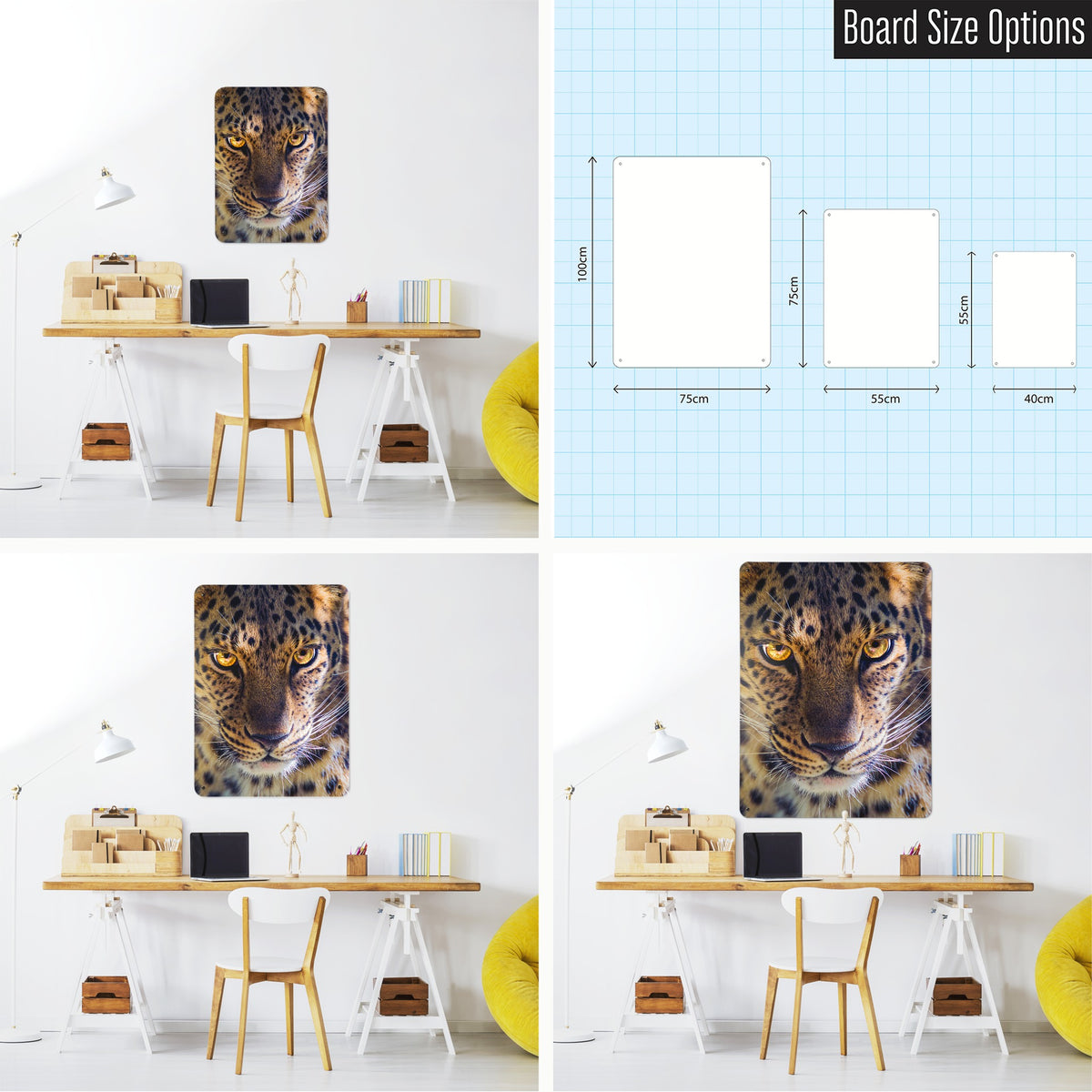 Leopard Face magnetic notice board shown in small, medium and large, with the measurements of each