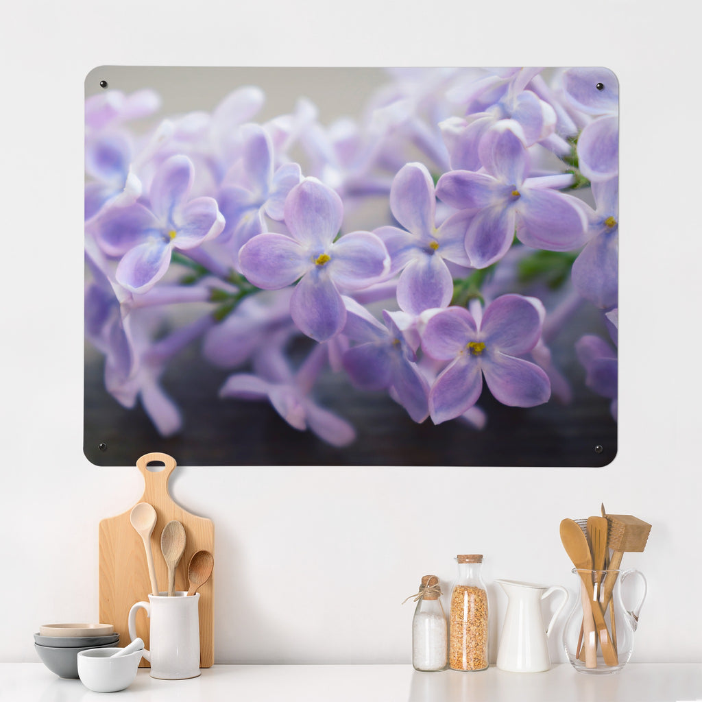 Lilac magnetic notice board on a kitchen wall