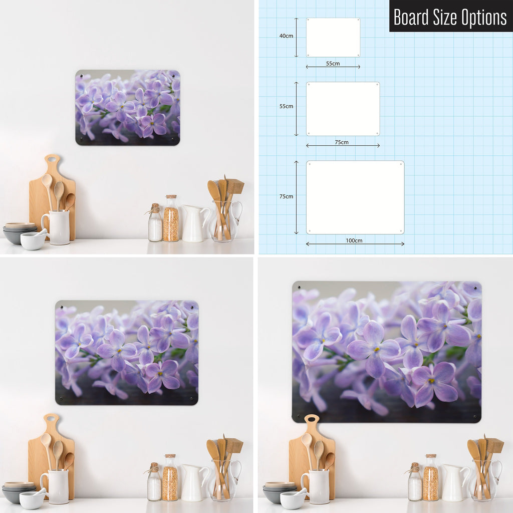 Lilac magnetic notice board shown in small, medium and large, with the measurements of each