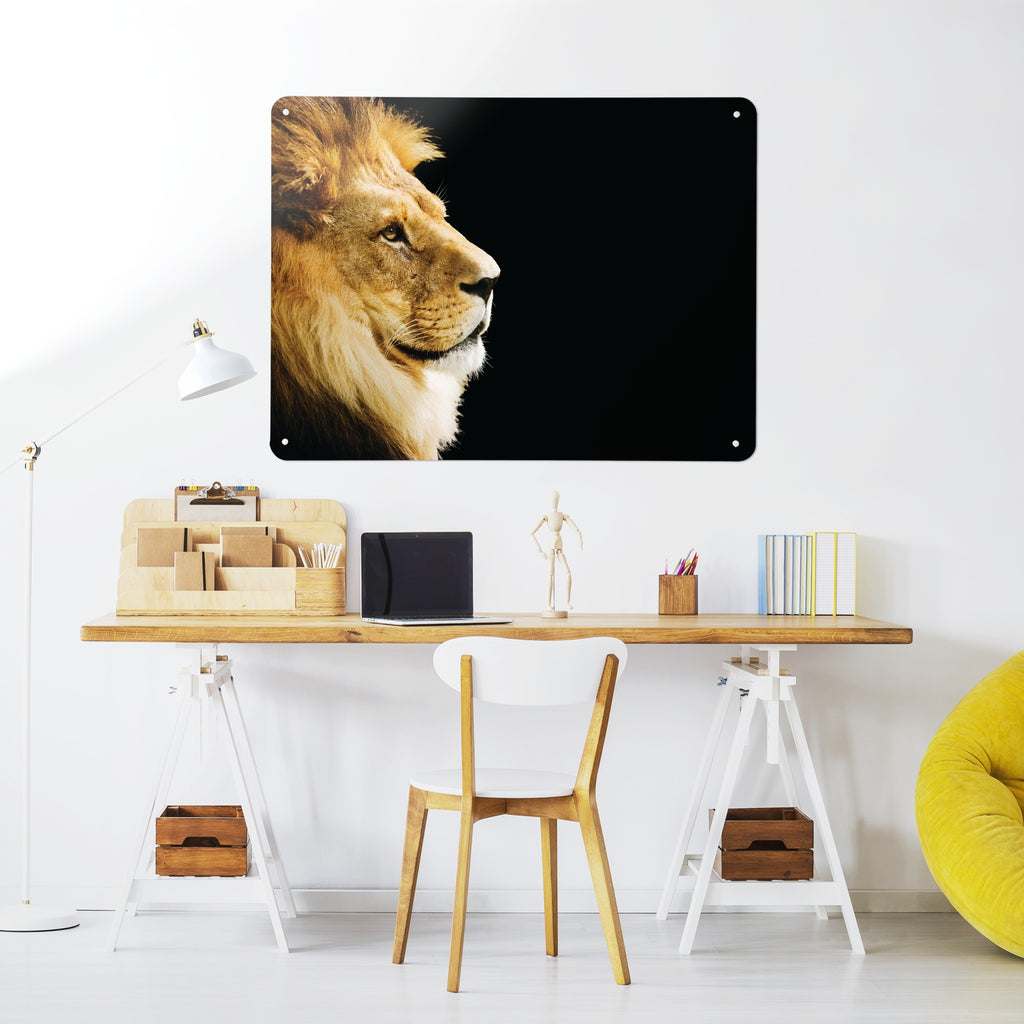 Lion magnetic notice board above a desk in a home office