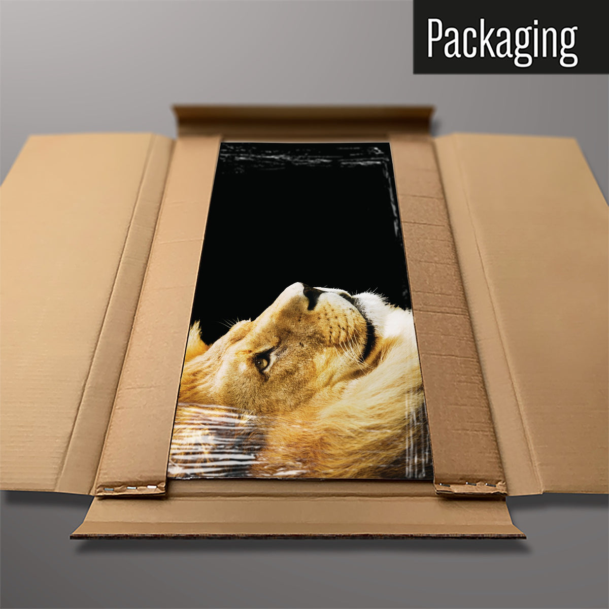 The Lion magnetic notice board packed flat in its cardboard box
