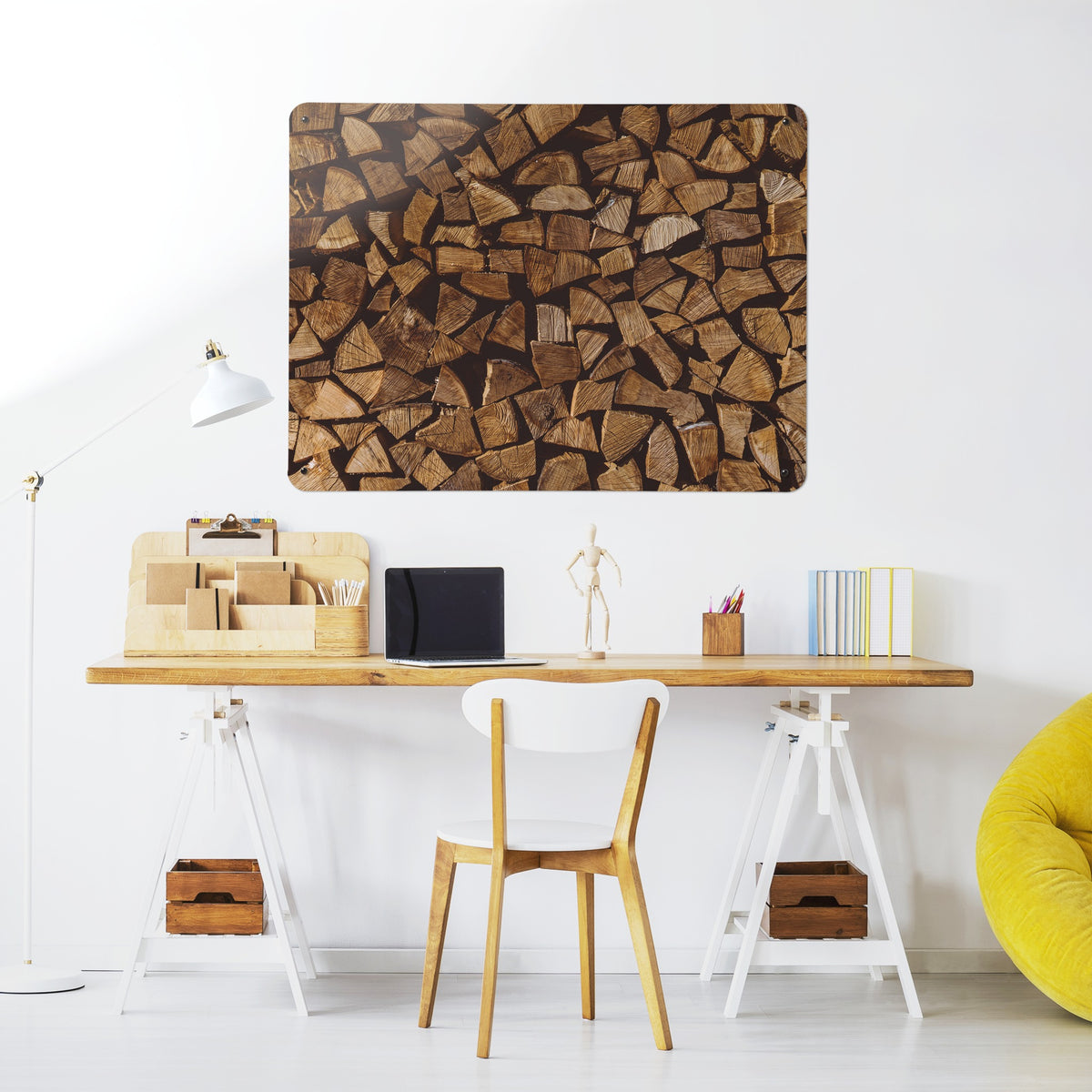 Log Pile magnetic notice board above a desk in a home office