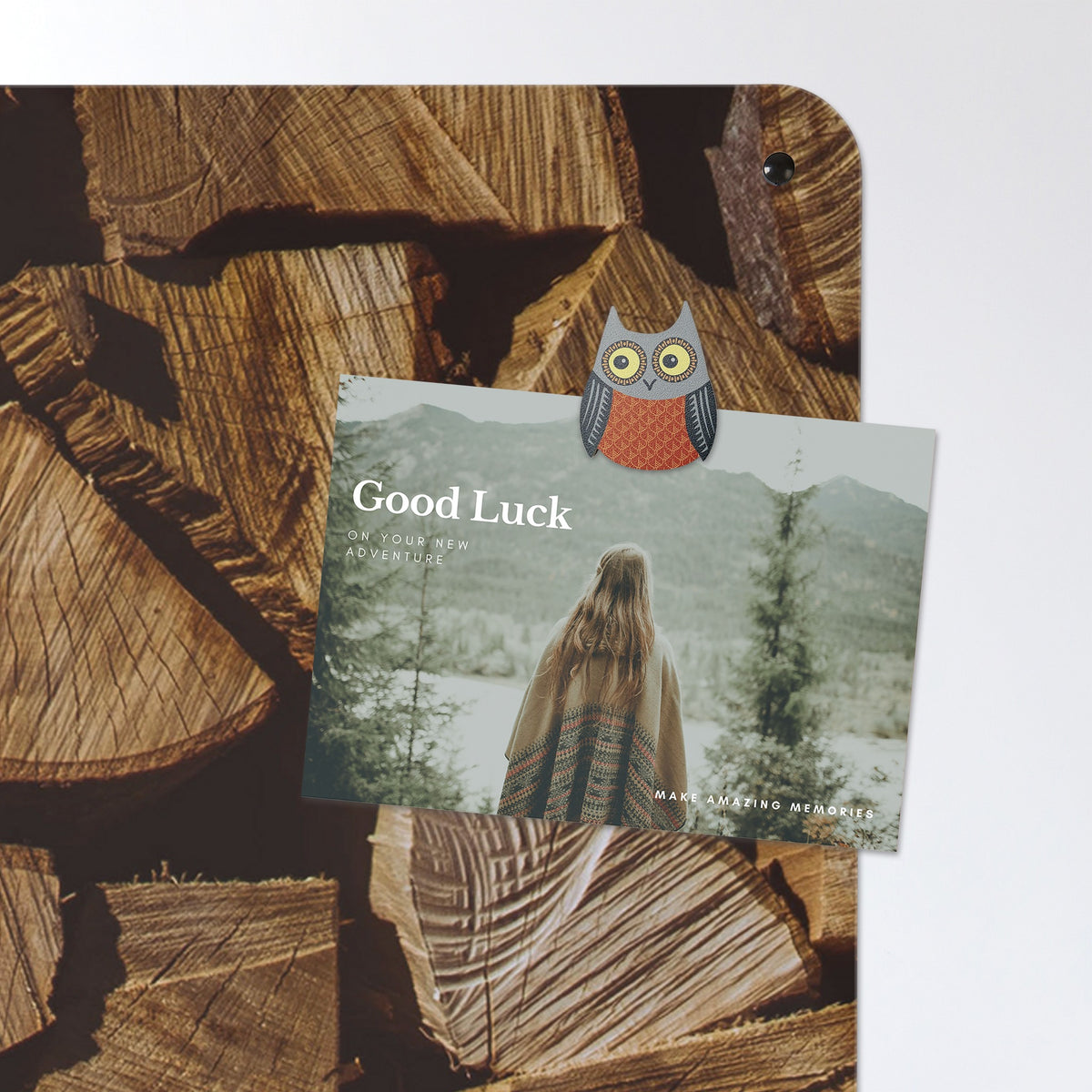 A postcard held by a fridge magnet on the Log Pile magnetic notice board