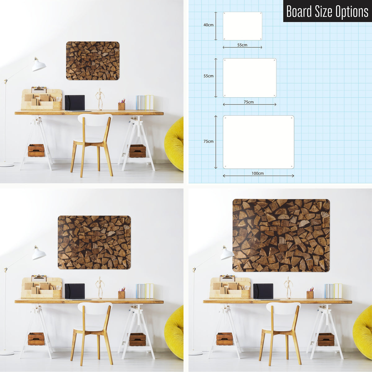 Log Pile magnetic notice board shown in small, medium and large, with the measurements of each