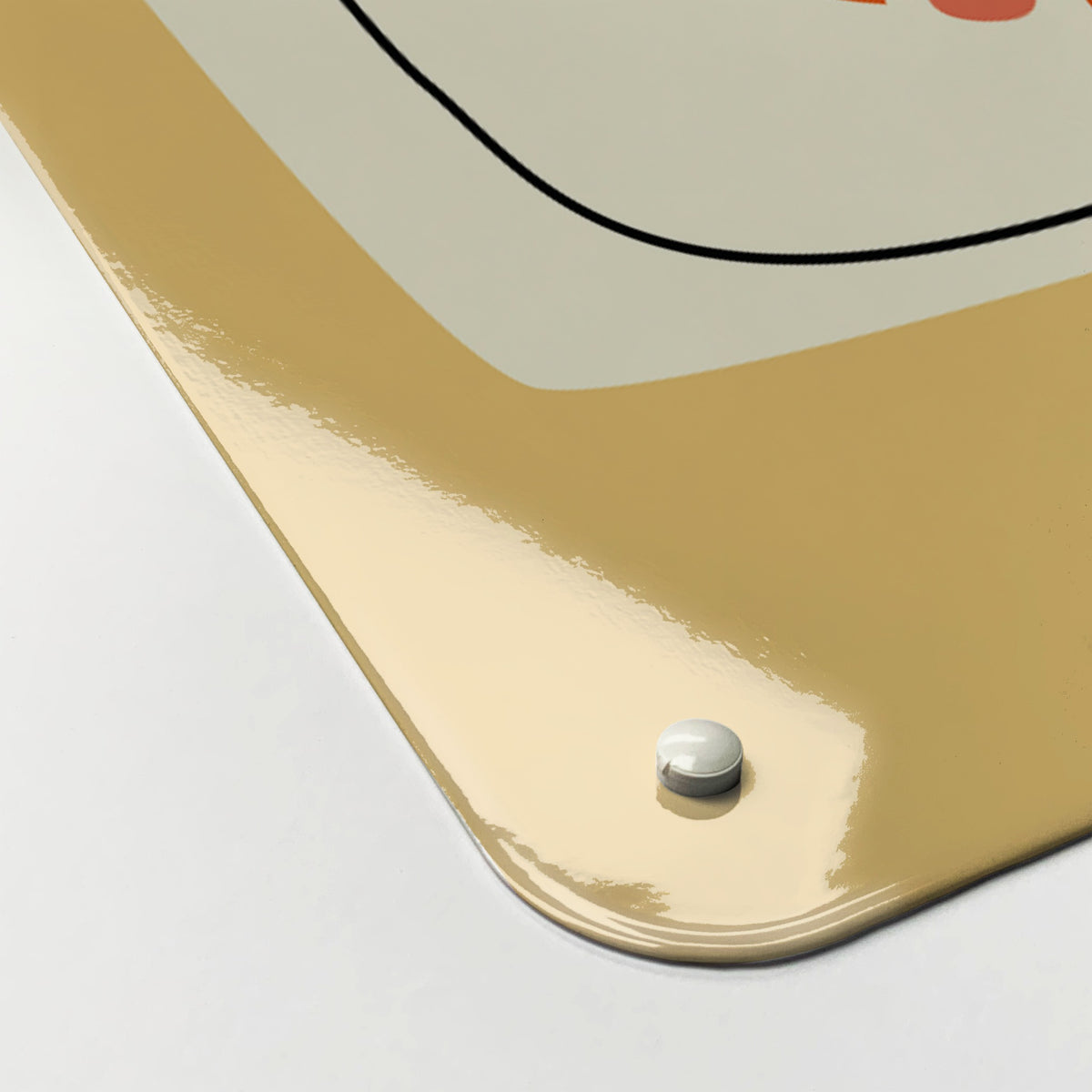Close-up of the corner of the Lucky Jar magnetic notice board in Lucky Jar - Suns, showing the gloss finish and a screw cap