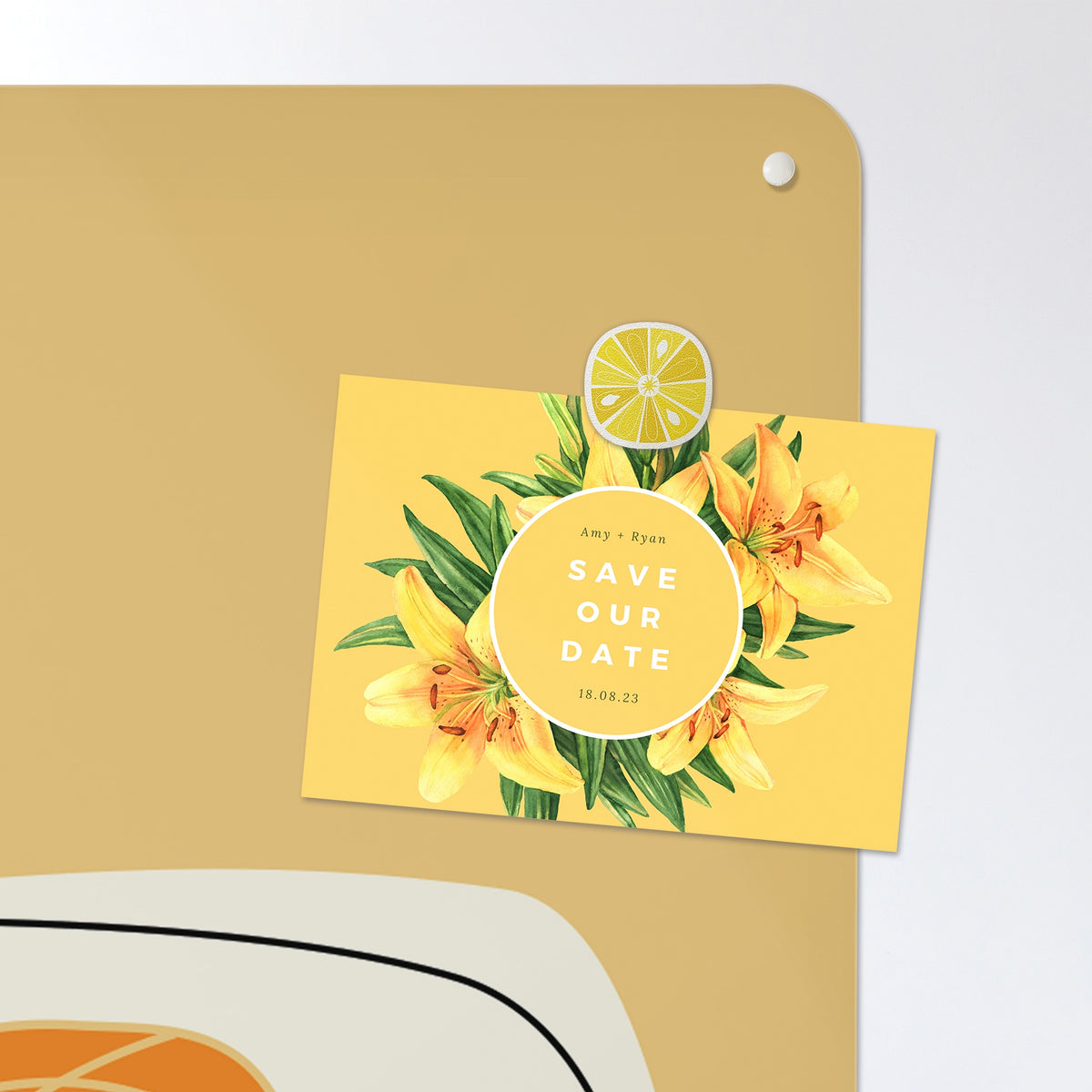 A postcard held by a fridge magnet on the Lucky Jar magnetic notice board in Lucky Jar - Suns