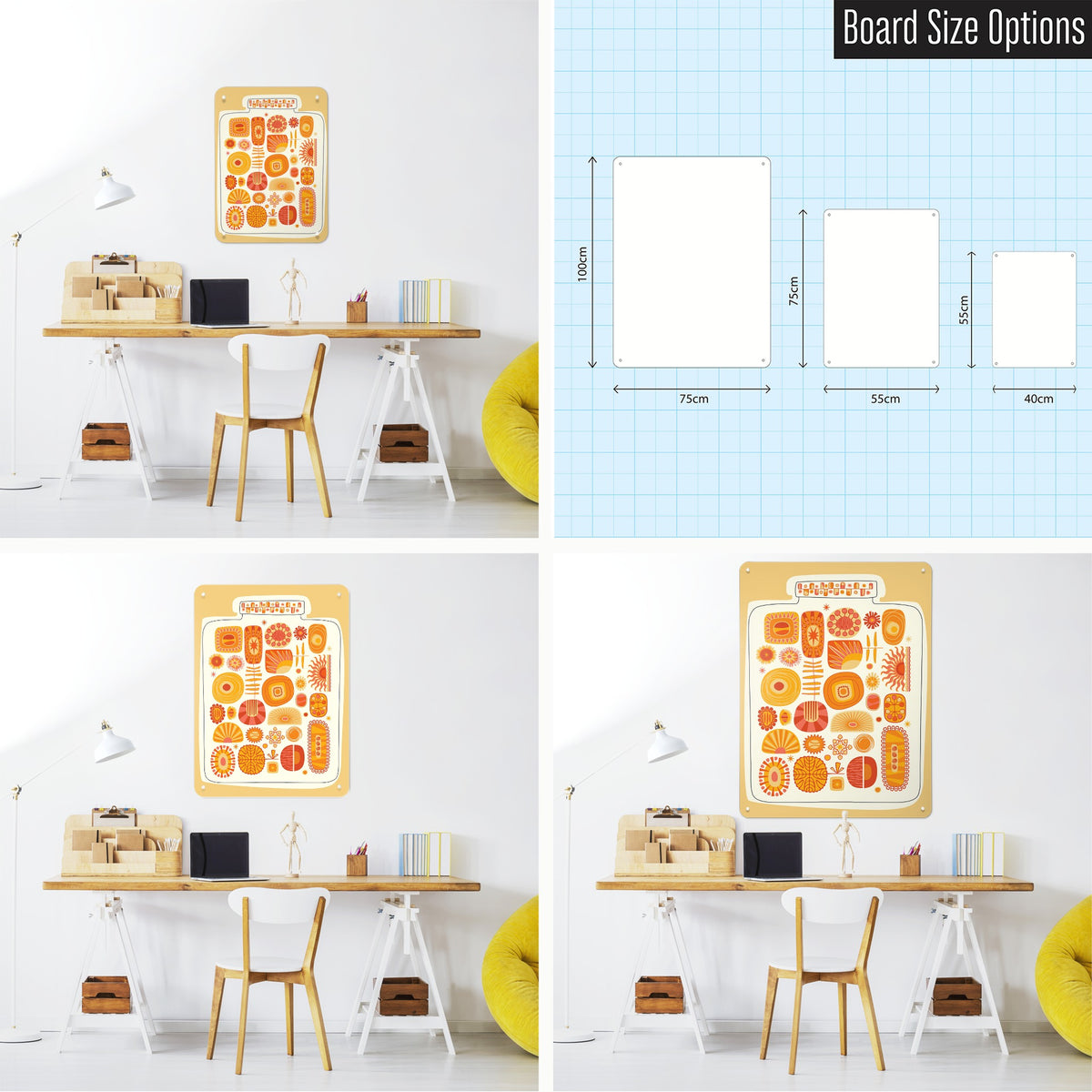 Lucky Jar magnetic notice board in Lucky Jar - Suns shown in small, medium and large, with the measurements of each