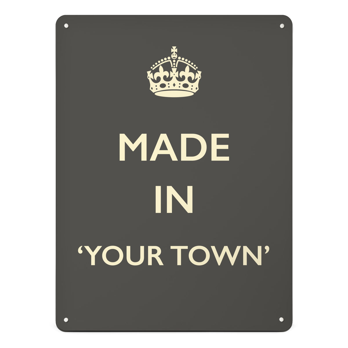 A large magnetic notice board by Beyond the Fridge with a made in your town typographic design to personalise in cream lettering on grey
