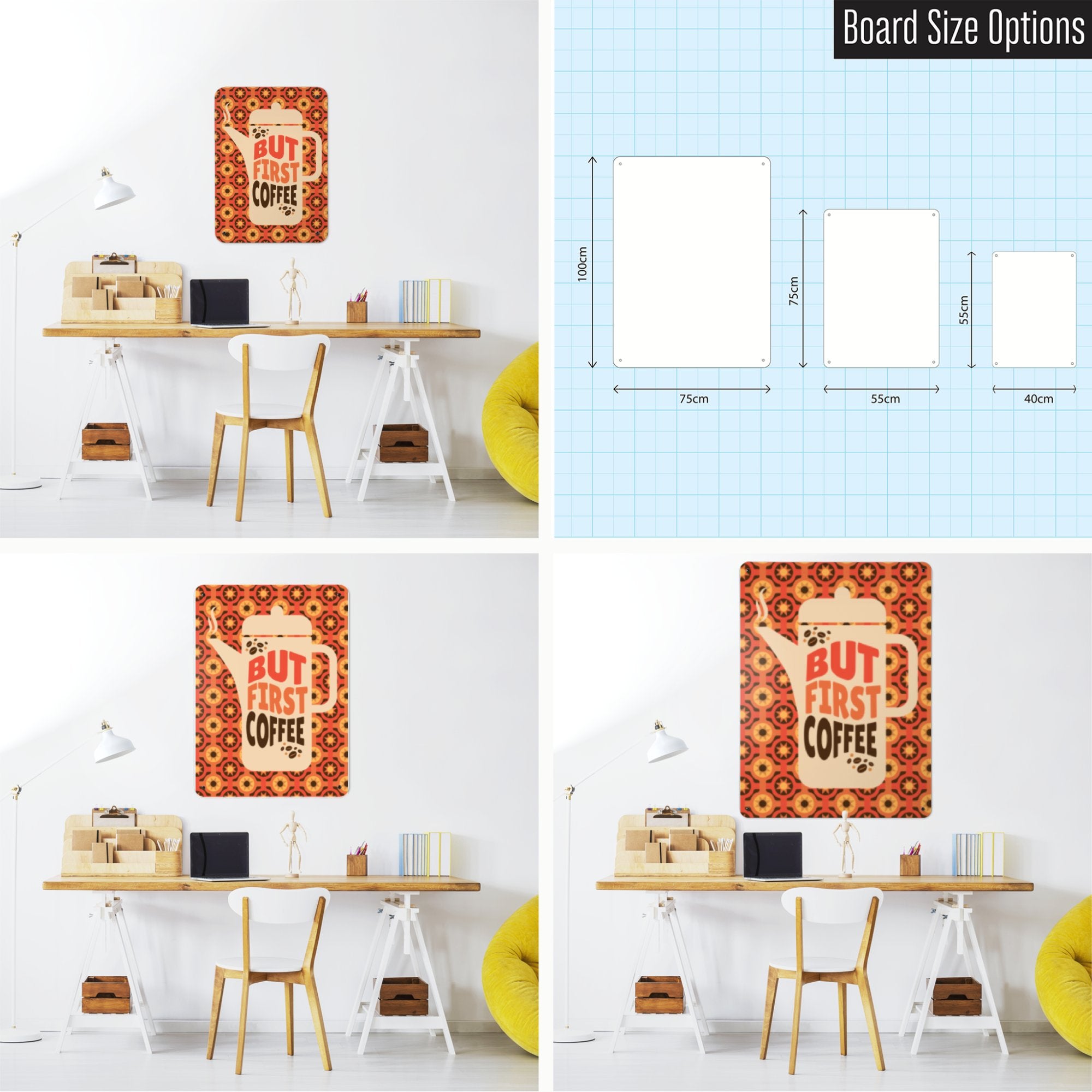 A large magnetic notice board showing a design of a  coffee pot with a quote that reads 'but first coffee' with a seventies style orange and brown pattern behind with a diagram and photos to show size options