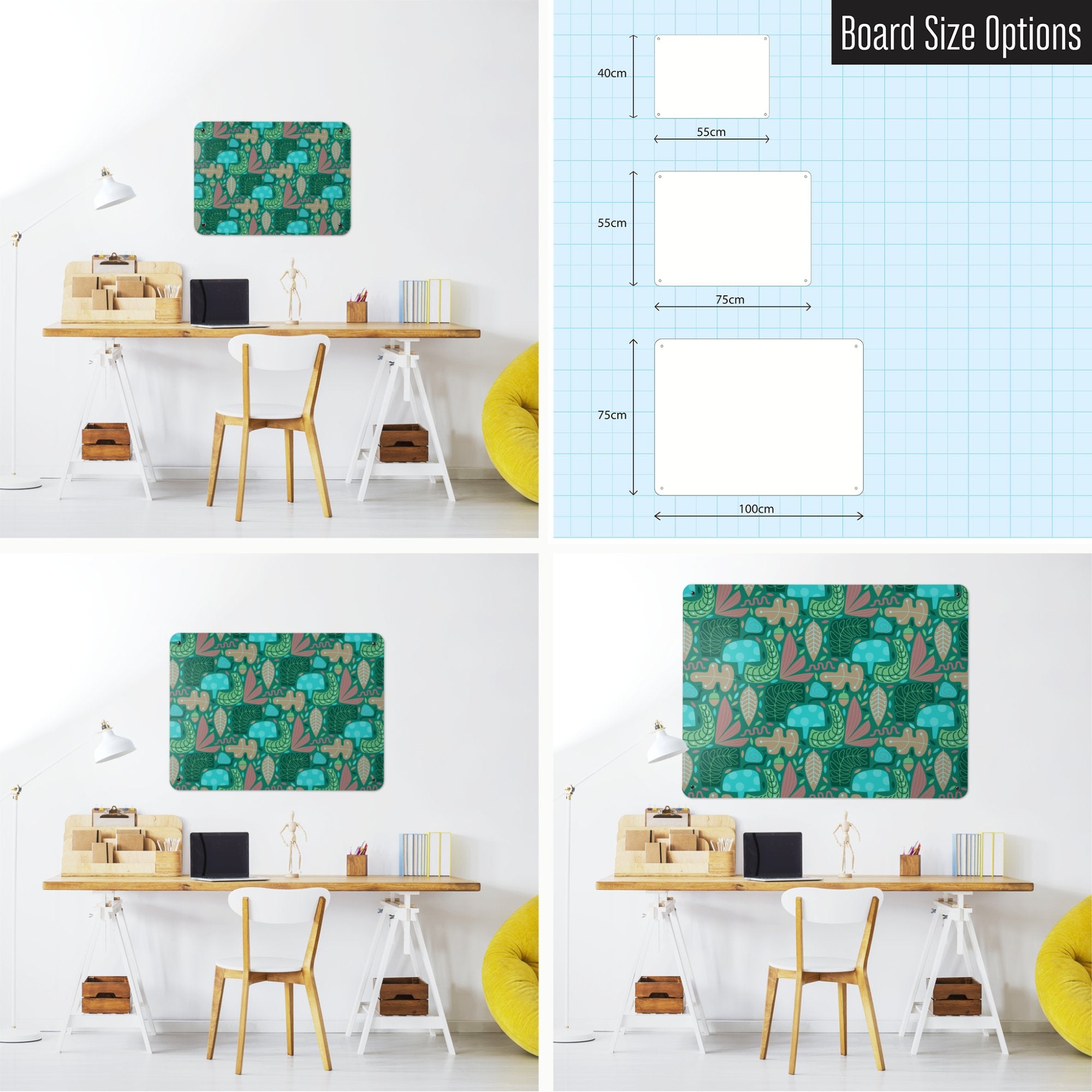 Three photographs of a workspace interior and a diagram to show size comparisons of a forest floor design magnetic notice board